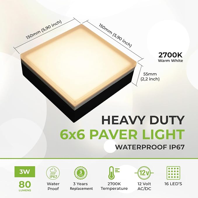 LUMENGY Paver Light 6x6 Inch (5.9x5.9), 2700K Warm White, Glare-Free Brick Lighting for Driveways, Walkways, Pool Decks and Patios, 12V Hardwired, IP67 Waterproof, Drive-Over Rated