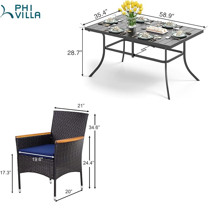PHI VILLA 7 Piece Patio Dining Set, 60” Rectangular Table, Rattan Chairs | Outdoor Dining Set for 6, Metal Dining Table with Umbrella Hole, Wicker Chairs with Cushions for Patio, Deck, Yard, Porch