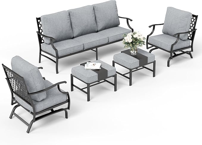 SUNSHINE VALLEY 7 Piece Metal Outdoor Patio Furniture Set, Patio Conversation Sets 3-seater Sofa, 2 Rocking Chair, 2 Ottomans with 5.75" Thick Cushion, Black All-weather Frame Backyard Furniture, Gray