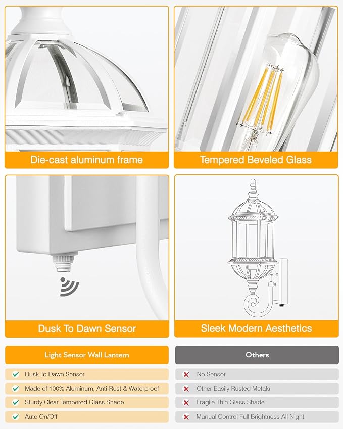 VIANIS Dusk to Dawn Porch Lights Outdoor, Classic White Outdoor Wall Lights, Anti-Rust Outside Lights for House with Tempered Beveled Glass, Waterproof Exterior Lighting Fixtures for House, Entryway