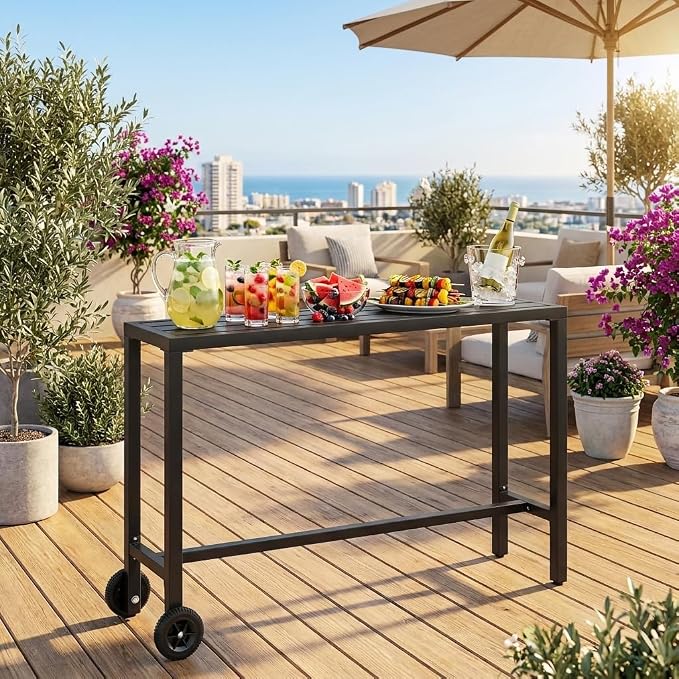 YITAHOME Outdoor Bar Table with Wheels, 55" Metal Patio Bar Height Table, Narrow Rectangle Console Table for Balcony Garden Poolside, Black