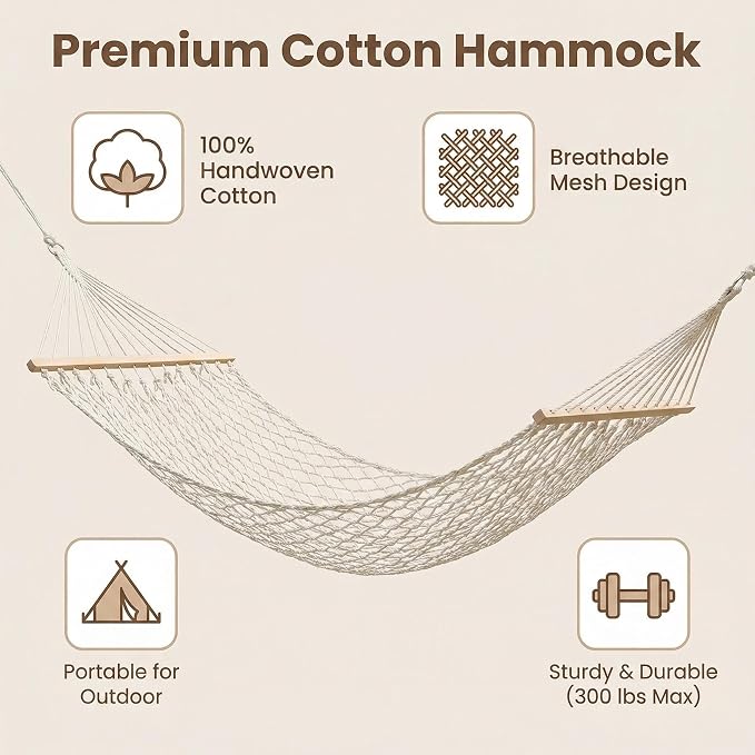 79x32in Anti-Rollover Mesh Hammock, Wood Bar, 300LB, White | Anti-rollover wood bar, 300LB mesh hammock. Breathable, foldable. For camping, patio & bedroom. Fits trees & stands。