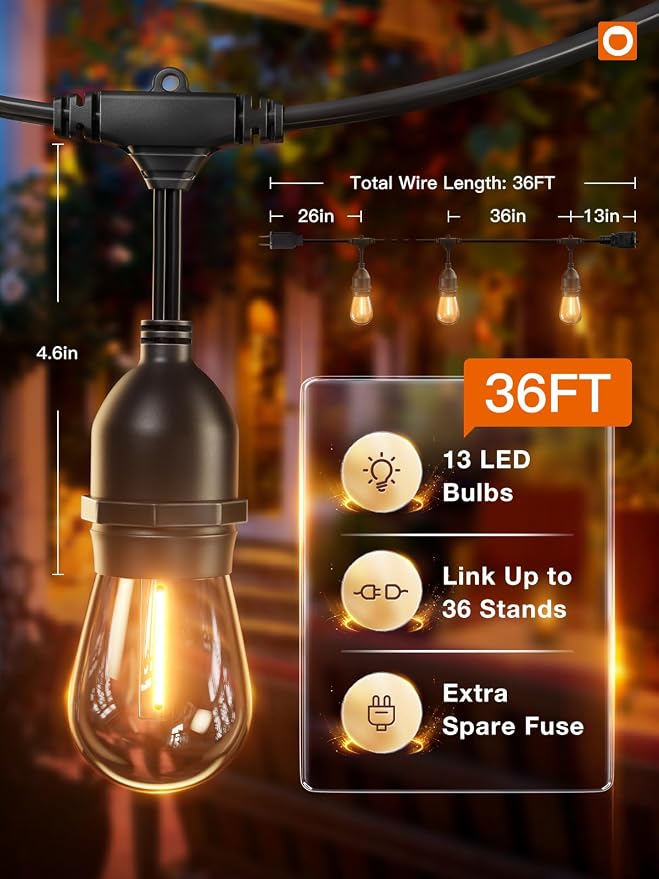 addlon LED Outdoor String Lights 36FT Edison Vintage Weatherproof ETL | Commercial Grade Strand with Shatterproof Bulbs, Decorative Hanging Lights for Patio Backyard Garden Cafe Bistro Deck