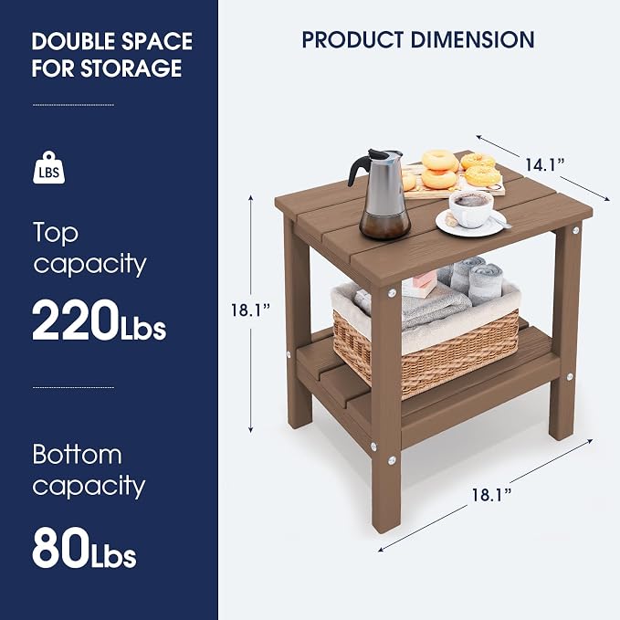 KINGYES Outdoor Side Table Set of 2, Double Layer Adirondack End Table- Brown