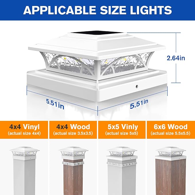 APONUO Solar Post Cap Lights 6 Pack - 4x4 5x5 6x6 Fence Post Lights, Auto On/Off, Waterproof IP64, 2-Mode (Warm/Cool White), Deck Patio Yard Solar Light for Wood & Vinyl Posts, White