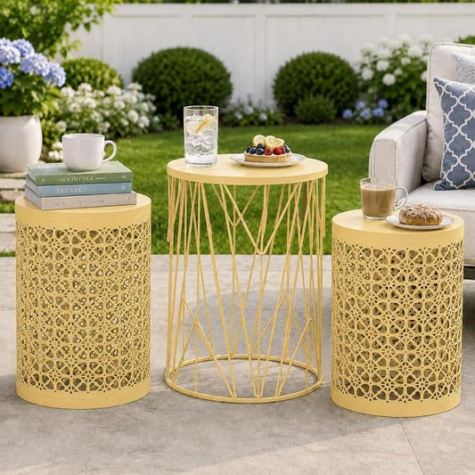 Y&M Outdoor Side Tables, Set of 3 Metal Stacking Patio Side Tables for Outside, Round Indoor End Tables, Coffee Accent Poolside Tables for Patio Garden Balcony, Yellow