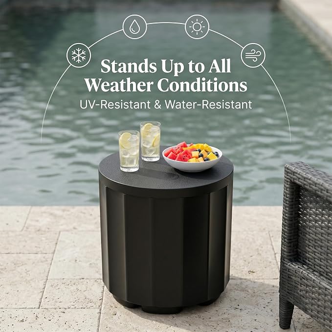 Outdoor Cooler Side Table, 2-in-1 Versatile Ice Cooler Table, Broad Fluted Outdoor Accent Table with Hangable Lid, All-Weather Resistant for Patio Decor, Deck, BBQ, Beach, Black