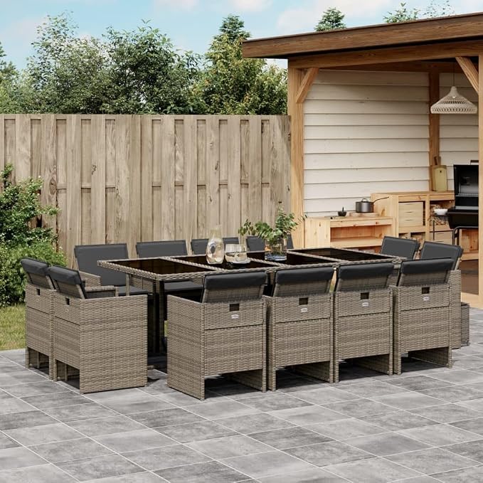 13-Piece Gray Poly Rattan Outdoor Patio Furniture Set with Tempered Glass Table and Cushions for Backyard Garden Porch Balcony Dining Space-Saving Design