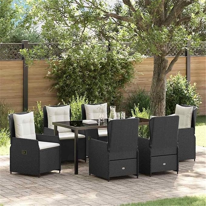 Afuera Living 7 Piece Poly Rattan Patio Dining Set, Black Finish, Tempered Glass Table, Durable Weather-Resistant Outdoor Seating, Adjustable Chairs with Track Armrests, Modern Design for Garden or