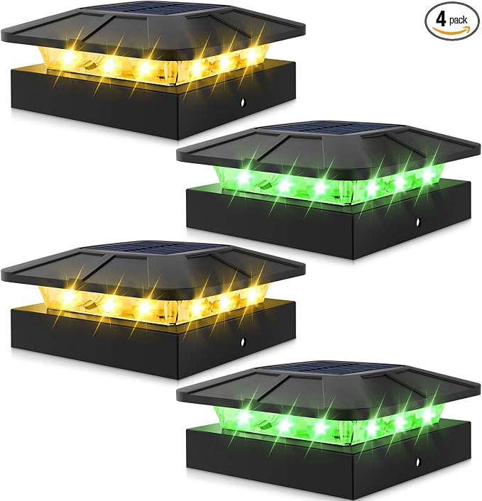 4x4 Solar Post Lights Outdoor, 4 Packs Green & Warm White LED Fence Caps Light Waterproof, Wood & Vinyl Post Top Lighting for Deck Mailbox Railing Porch Outside