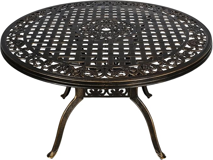 48" Round Patio Table for 6 Person Cast Aluminum Bistro Table with Umbrella Hole,Metal Patio Table Outdoor Bistro Dining Table for Garden,Bronze