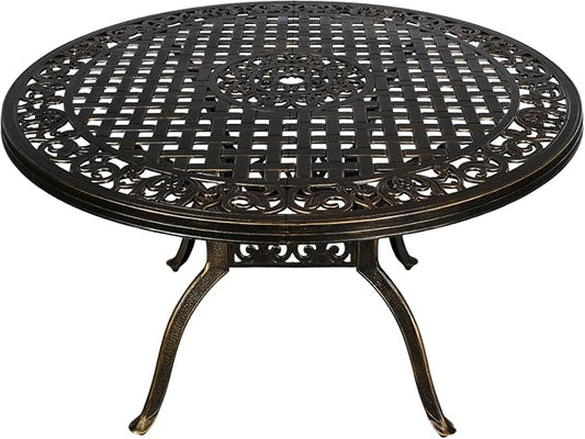 48" Round Patio Table for 6 Person Cast Aluminum Bistro Table with Umbrella Hole,Metal Patio Table Outdoor Bistro Dining Table for Garden,Bronze