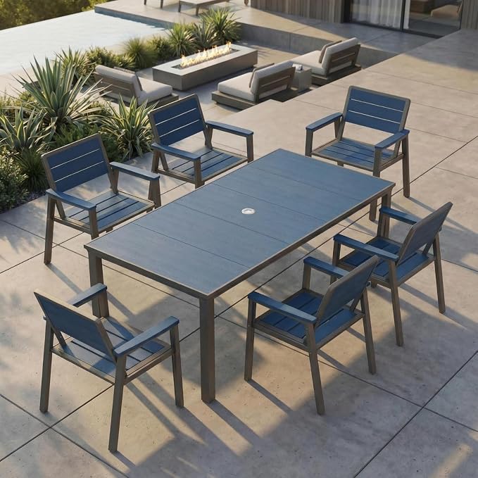 Outdoor Dining Set with Aluminum Frame for 4,Navy | HDPE table, chairs included, 2" umbrella hole, weather-resistant furniture, ideal for backyard, deck, porch, garden, poolside