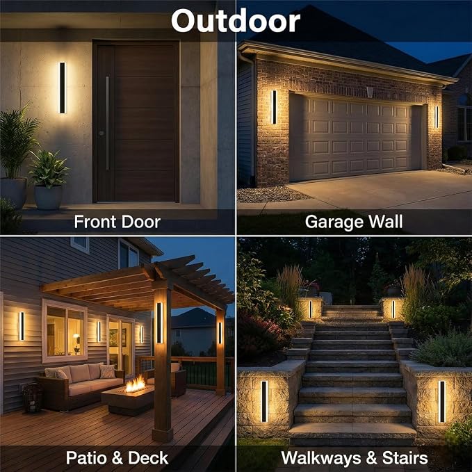 Modern Linear Outdoor Wall Lights, 24" LED Exterior Wall Sconce for Porch & Garage, IP65 Waterproof Architectural Facade Lighting, 3CCT Dimmable Matte Black Fixture for Front Door Entryway