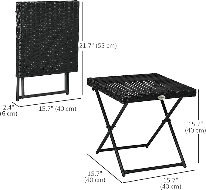 Outsunny Rattan Coffee Table Folding Patio Outdoor Side Table Wicker for Balcony, Porch, Poolside, 15.75"x15.75"x15.75", Black