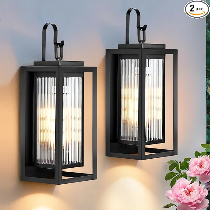 2 Pack Outdoor Wall Lights for House Exterior, 18 Inch Large Black Modern Lantern with Dual Metal Frame & Textured Glass, IP65 Waterproof (Bulbs Included)