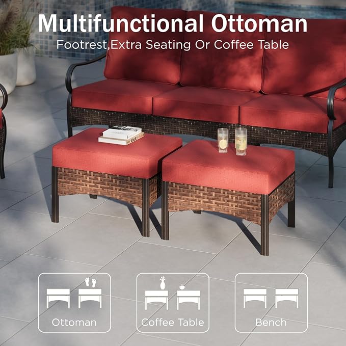 PHI VILLA Patio Furniture Set, Upgraded Wicker & Metal Modern Outdoor Conversation Sets Patio Sectional Swivel Chair Set with Coffee Table & Waterproof Thick Cushions for Porch, Deck(6 Pieces, Red)