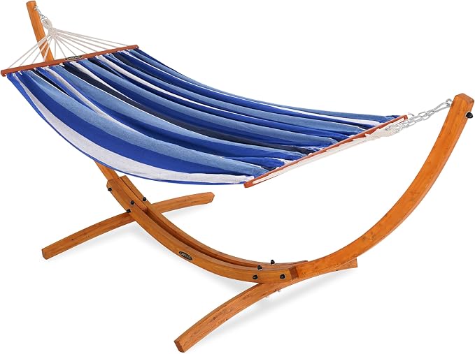 Lazy Daze Hammocks Cotton Fabric Spreader Bar Hammock and 10.5 Ft Wood Arc Hammock Stand Combo, for Indoor, Outdoor,Patio, Backyard, Blue and Cyan