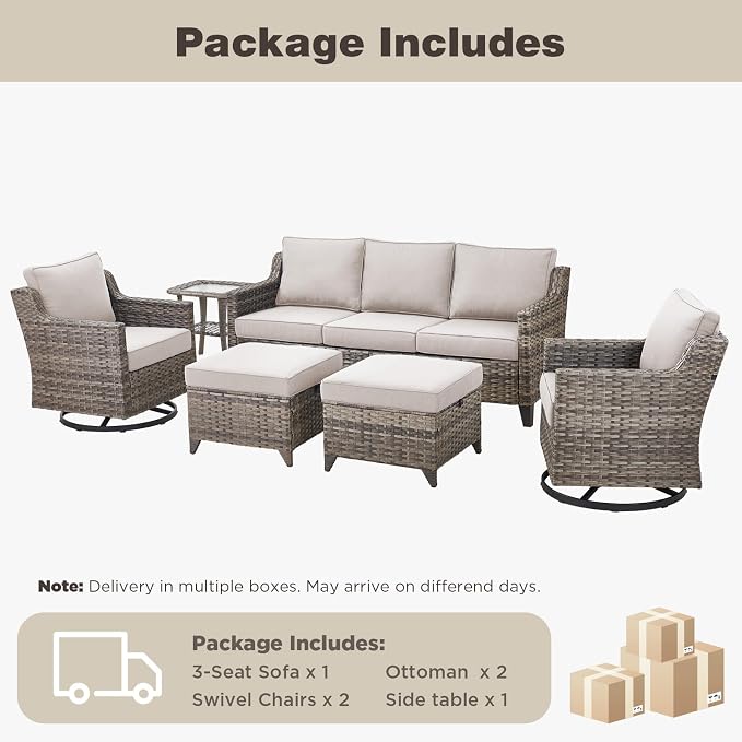 Belord Patio Wicker Swivel Rocker Patio Chairs with Side Table and 3-Seater Sofa, Outdoor Rattan Chairs for Deck Porch Garden, 6 Piece Luxury Patio Furniture Set, Beige