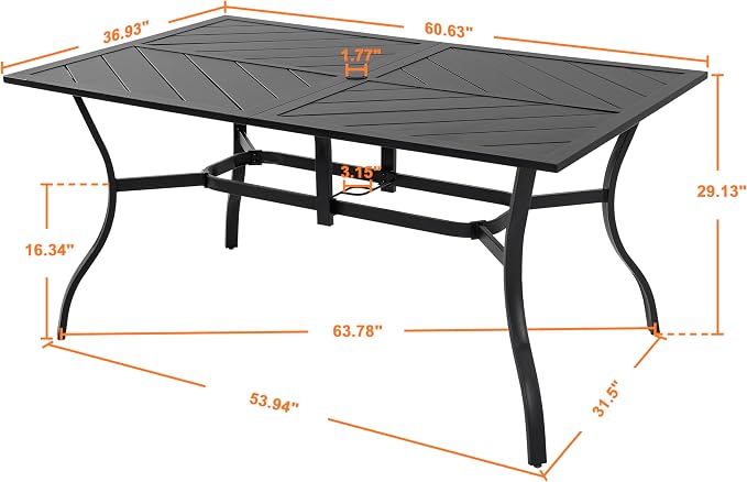 NUU GARDEN 6-Person Outdoor Dining Table, All Weather Patio Table with Umbrella Hole, Backyard Bistro Table, Black, 61x37x29 inches, 150 LBS Load Capacity