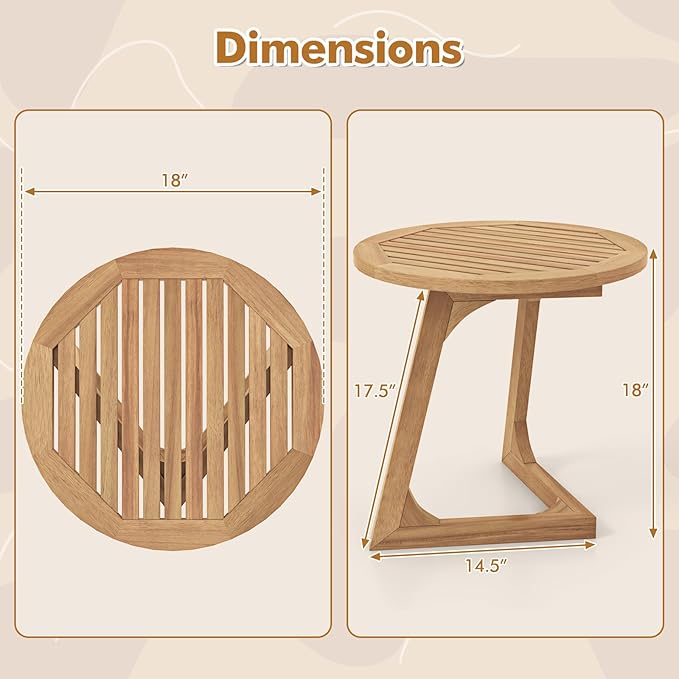 Giantex Teak Wood Outdoor Side Table, Round Patio End Table with Slatted Tabletop, Waterproof Sofa and Couch Side Table for Porch, Poolside, Living Room, Small Spaces, Easy Assembly, Natural
