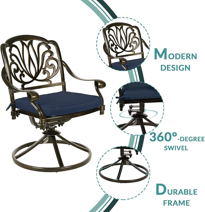 MEETWARM 9-Piece Patio Dining Set Outdoor Furniture with 8 Cushioned Swivel Rocker Chairs and Large Table, All-Weather Cast Aluminum Patio Conversation Set for Backyard, 2" Umbrella Hole, Navy Blue
