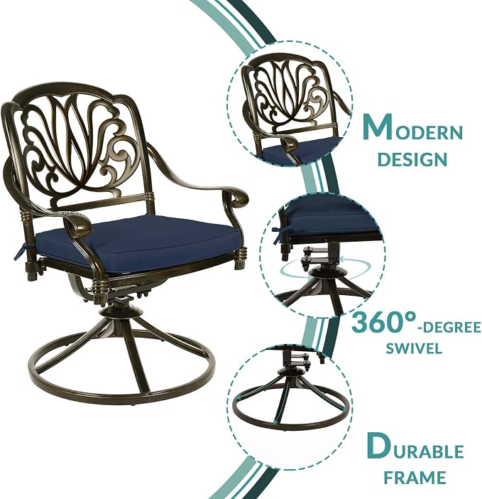 MEETWARM 3-Piece Outdoor Patio Dining Set, All-Weather Cast Aluminum Patio Conversation Set for Backyard Garden Deck with 2 Cushions Swivel Rocker Chairs and 31" Round Table, Umbrella Hole, Navy Blue
