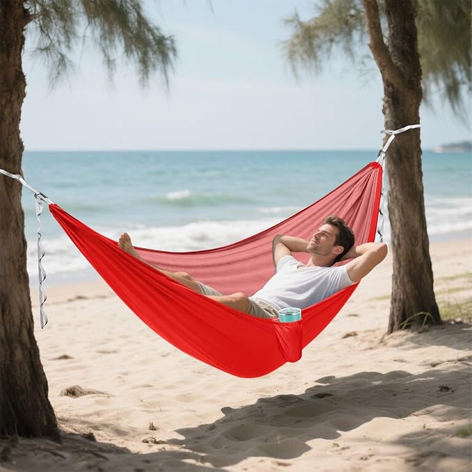 Red Solid Color Camping Hammock, Portable Lightweight Single Hammock with Tree Straps and Aluminum Carabiners, 114" x 54" Travel Hammock for Hiking Backpacking Beach