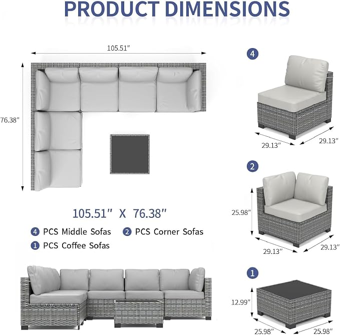 7 Piece Patio Furniture Set, Outdoor Modular Wicker Sectional Couch with Tempered Glass Coffee Table, All-Weather Rattan Conversation Set with Washable Cushions for Backyard, Garden, Deck