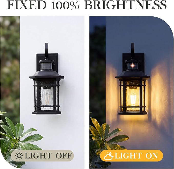 Emliviar Motion Sensor Outdoor Wall Lamp, Exterior Wall Sconce Light Fixture with Seeded Glass, Black Outside Porch Lights for Garage, Patio, 2084B-SE BK