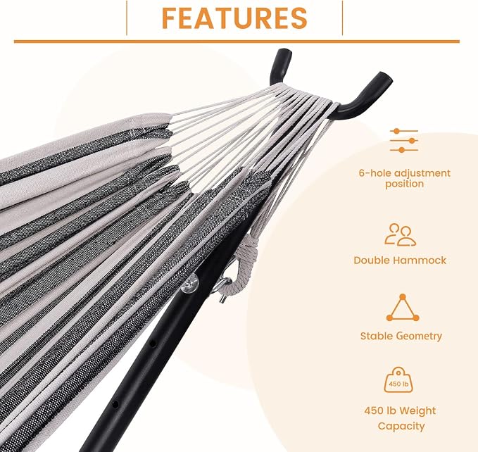 Lazy Daze Portable Hammock with Stand, Free Standing Hammocks for Indoor Outdoor Patio Yard, Has a Carrying Bag and Pillow, 9ft Hamacas Heavy Duty 2 Person Amaca 450 lbs Capacity(Black White)