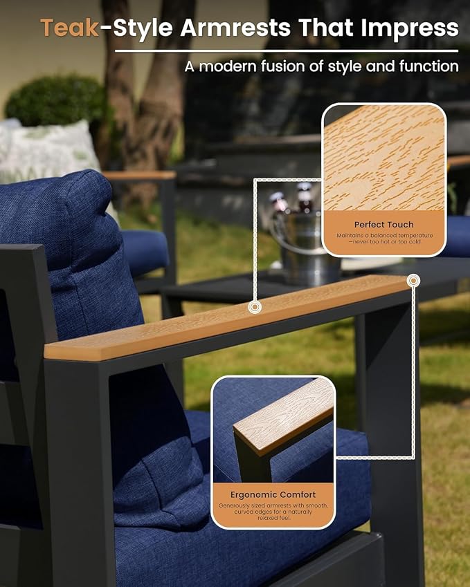 Aluminum Patio Furniture Set, 5 Piece Metal Outdoor Furniture Set with 6″ Thick Washable Cushions & Coffee Table, All Weather Patio Conversation Sets for Yard, Poolside, Garden (Navy Blue)
