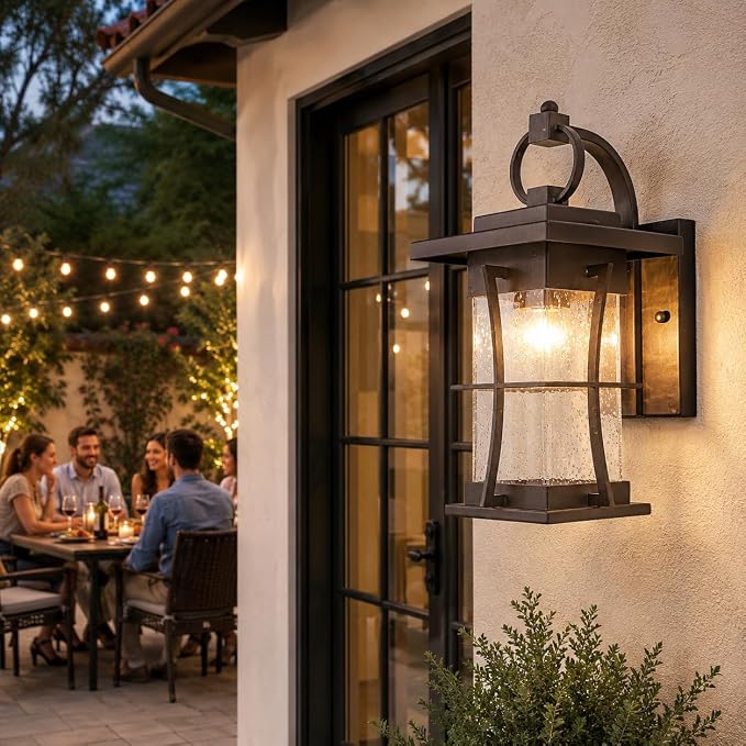 Oil Rubbed Bronze Outdoor Light Sconces Wall Mount Matte Brown Outdoor Wall Lamp Large Exterior Porch Wall Lantern with Seeded Glass 15" Outside Lights for House, Front Door, Patio, Backyard