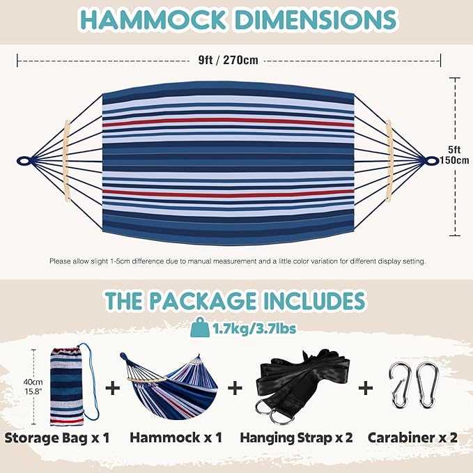 ANYOO Portable Camping Hammock Cotton Hammocks with Spreader Bar Outdoor | Sturdy Hammocks Up to 450lbs with Carry Bag