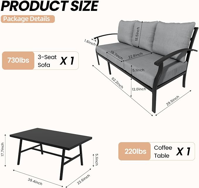 Metal Patio Furniture Set,2 Pieces 3 Seats Patio Sectional Outdoor Furniture Set with Rectangular Coffee Table,Patio Conversation Sets with 5.1" Thickened Cushions,Grey