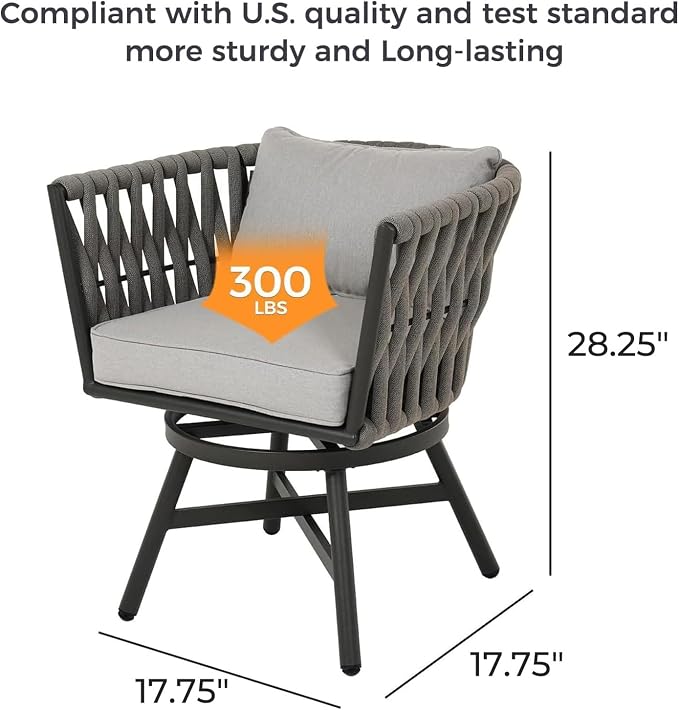 Grand patio Swivel Dining Chairs Set of 2, Rope Patio Outdoor Chairs with Cushions, Heavy Duty Outdoor Patio Bistro Chairs for Lawn,Garden,Deck,Backyard,Porch and Balcony, Light Gray