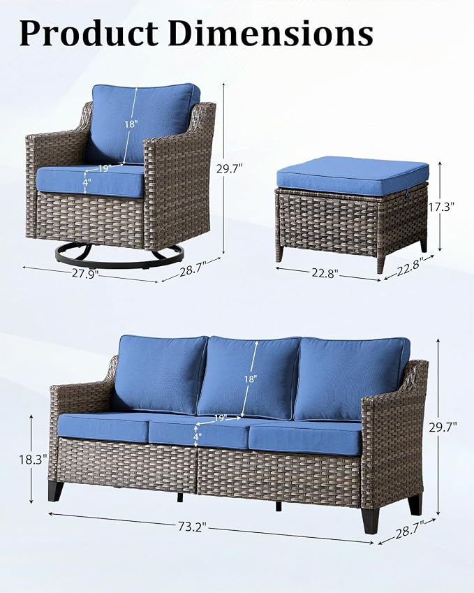 Outdoor Furniture Set of 7, Patio Furniture Set with 4 Wicker Swivel Rocker Chairs, 2 Ottomans and Sofa, High Back&Deep Seat for Garden Deck Porch Balcony Backyard - Blue