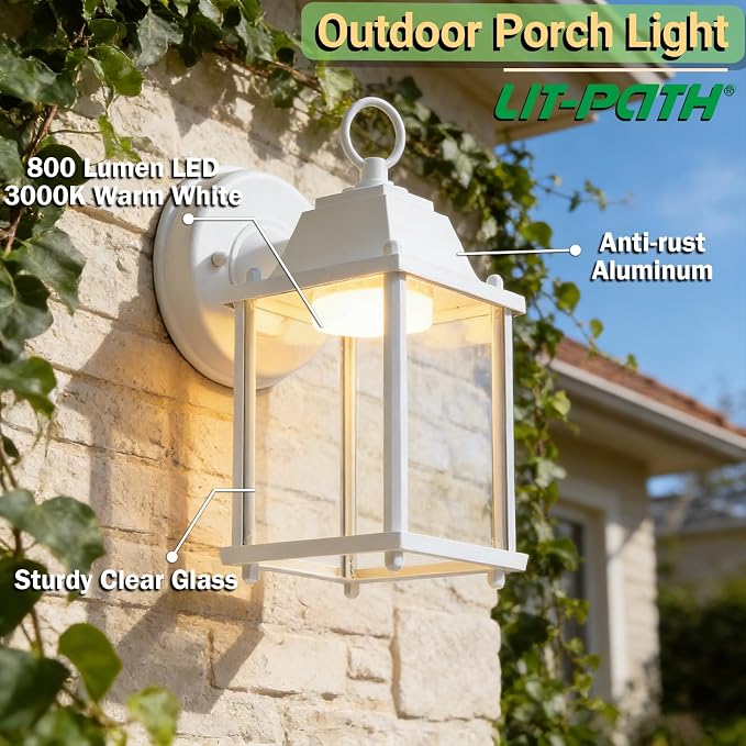 Outdoor Wall Light Fixture, Rustproof Aluminum, Clear Glass, LED | Exterior Porch Light Wall Sconce Lantern for House, Patio, Garage, Waterproof Anti-rust, 9.5W 800 Lumen, 3000K, White, 2 Pack