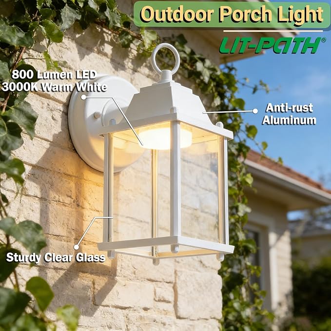 Outdoor Wall Light Fixture, Rustproof Aluminum, Clear Glass, LED | Exterior Porch Light Wall Sconce Lantern for House, Patio, Garage, Waterproof Anti-rust, 9.5W 800 Lumen, 3000K, White, 1 Pack
