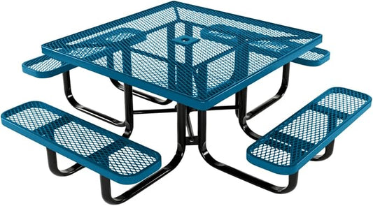 COATEDOUTDOORFURNITURE Heavy-Duty Portable Outdoor Kids Table with Umbrella Hole, Expanded Metal Kids Picnic Table, Commercial-Grade, Made in America (46 in, Square, Childrens, Light Blue)