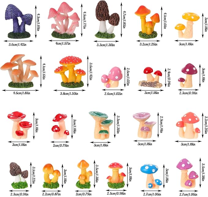 21 PCS 1.3 to 2 Inch Mini Mushrooms Cute Tiny Resin Mushrooms Figures Miniature Little Small Mushroom for Outdoor Decoration Fairy Garden Landscape Bonsai Aquarium Dollhouse Hide Crafts Decor