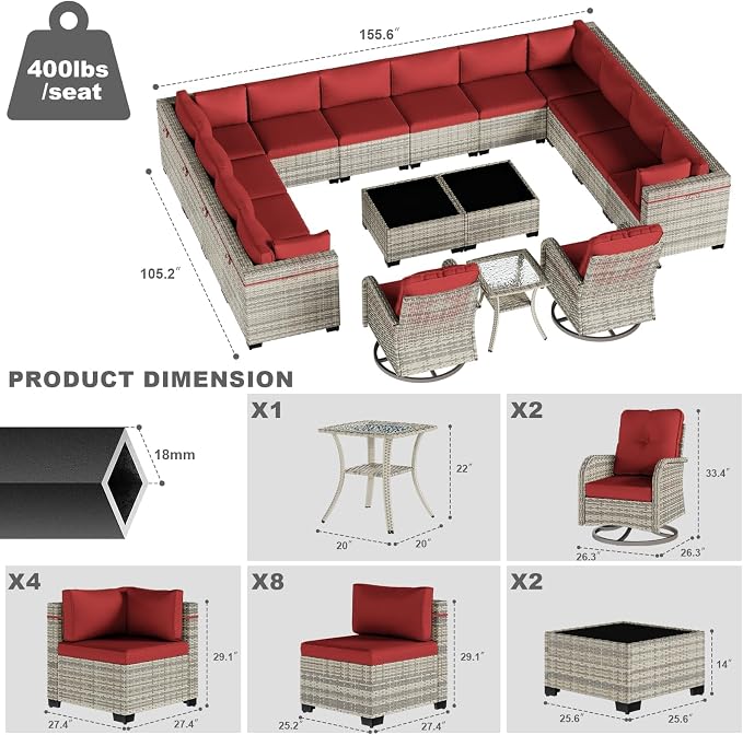 17-Piece Patio Furniture Set, Outdoor Patio Furniture with Swivel Chairs Set, Thick Cushions, Modular Patio Sofa, Dual-Strand Wicker Rattan, Rust-Resistant Frame, Red