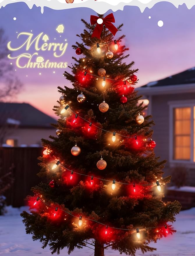 C7 Red and Frosted White Christmas Lights Outdoor, 26Ft Christmas Decorations String Lights with 27 LED Bulbs, Hanging Patio Lights Waterproof for Roofline House Garden Party Xmas Decor, Green Wire