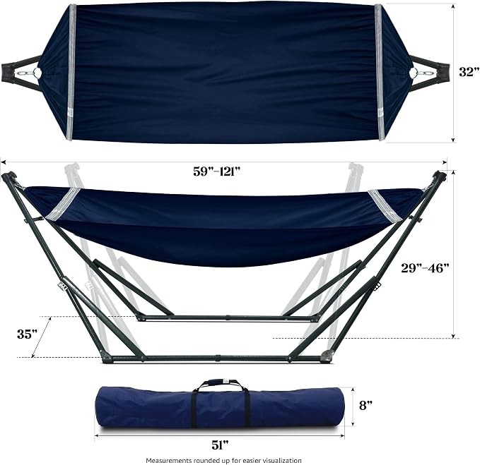 Tranquillo Ultimate Relaxation Portable Hammock Stand with Cotton Canvas Net, Spreader Bar, Quick Fold Unfold in 30 Seconds Steel Frame Hammock 600 lbs Capacity Outdoor, Navy