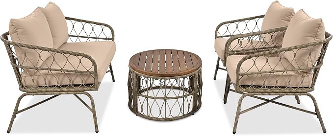 Merax 4-Piece Bohemian Patio Furniture Set, Outdoor Wicker Conversation Set with Single & Loveseat Chairs, Removable Cushions, Wood Tabletop Coffee Table for Garden, Backyard, Balcony, Porch, Poolside
