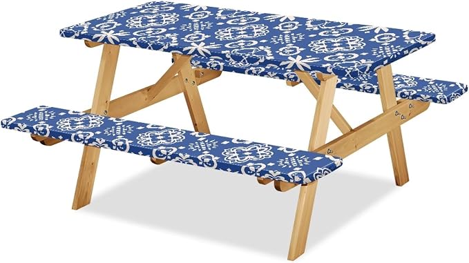 Vintage Flower Picnic Table Cover with Bench Covers Autumn Outdoor Camping Tablecloth Water and Oil Repellent Elastic Waterproof Picnic Table Cover 3 Piece Set for 6 Foot Tables