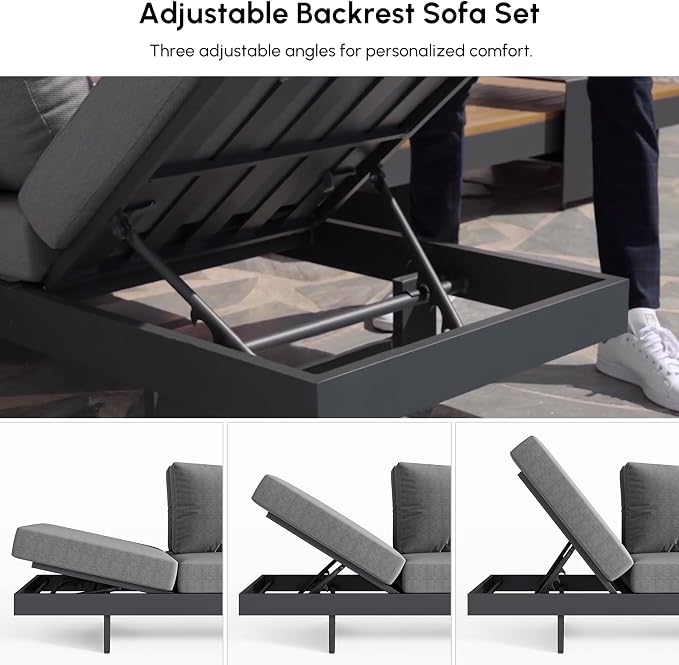 homary 4 Piece Outdoor Conversation Sets, Teak & Aluminum Modular Patio Sectional Sofa with Adjustable Backrests, Water-Resistant, Low-Profile Outdoor Couch Set for Backyard, Garden, Grey