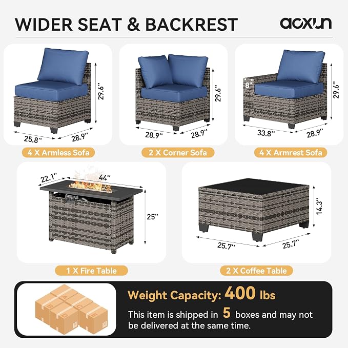 Aoxun Patio Furniture Sets with 44'' Fire Pit, 13 Pcs Outdoor Patio Coversation Set with 4in Thicken Cushion, Widen Armrests Wicker Outdoor Sectional for Backyard