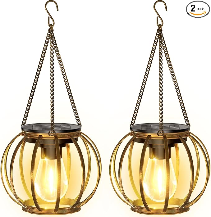 KOOPER Solar Lanterns Outdoor Waterproof, Upgraded Bronze Metal Hanging Solar Lights Outdoor Lanterns, Brighter Auto On/Off Outdoor Hanging Lantern for Yard Patio Pathway Porch Garden Decor 2 Pack