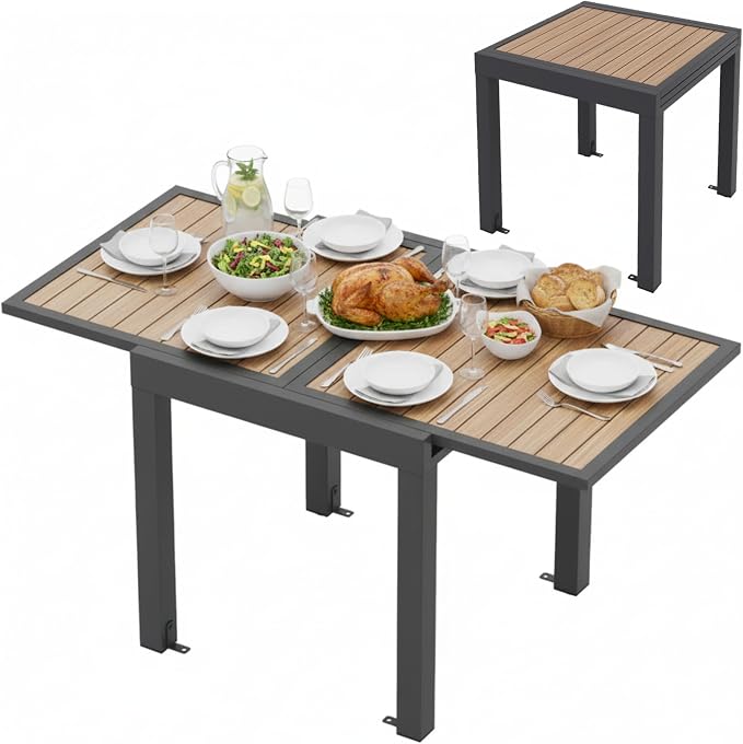 Tangkula 31.5"-63" Extendable Patio Dining Table, Aluminum Outdoor Dining Table for 4-6 People, L-Shaped Brace Included for Fixation, Space-Saving Expandable Table for Garden, Porch, Yard, Poolside